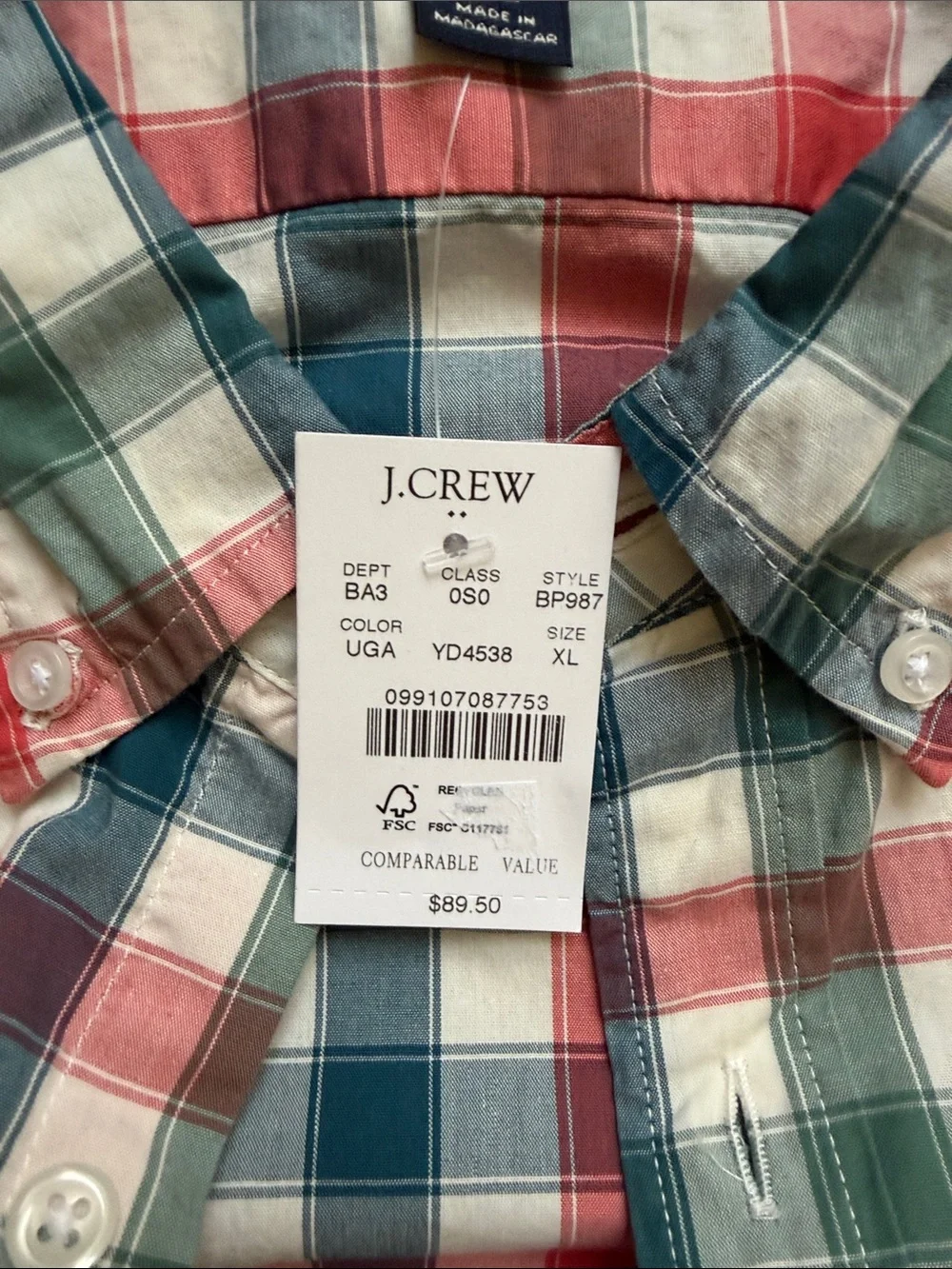 J. Crew Men’s Red, Green & Cream Plaid Button-Down Slim Fit Shirt - Size XL